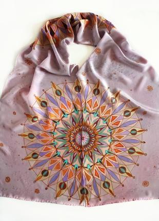 Длинный шелковый шарф  росписи с мандалами, сиреневый женский батик шарф8 фото