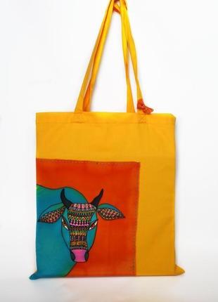 Жовта еко-сумка з биком, шоппер, батік сумка для покупок, помаранчева tote bag, подарунок дівчині2 фото