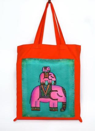 Помаранчева еко сумка зі слонами, шоппер продуктовий, етнічна бавовняна сумка1 фото