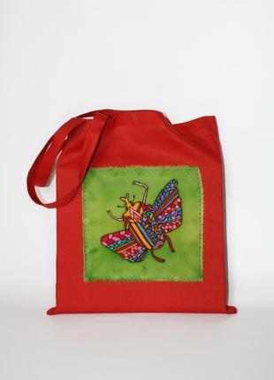 Червона бавовняна еко-сумка з жуком, сумка з ручним розписом, red tote bag, продуктовий шопер5 фото
