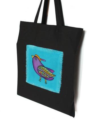Чорна бавовняна еко-сумка з пташкою, шоппер продуктовий, сумка для йоги10 фото