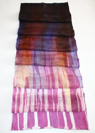 Длинный шелковый шарф окрашенный вручную, женский батик шарф омбре ручной росписи, сиреневый шарф8 фото