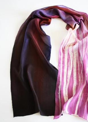 Длинный шелковый шарф окрашенный вручную, женский батик шарф омбре ручной росписи, сиреневый шарф2 фото