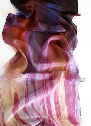 Длинный шелковый шарф окрашенный вручную, женский батик шарф омбре ручной росписи, сиреневый шарф7 фото