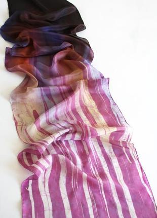Длинный шелковый шарф окрашенный вручную, женский батик шарф омбре ручной росписи, сиреневый шарф6 фото