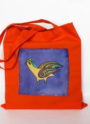 Помаранчева еко сумка з пташкою ручного розпису, шопер продуктовий, яскрава бавовняна сумка8 фото