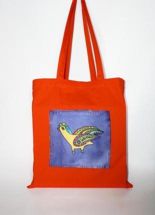 Oранжевая эко сумка с птичкой ручной росписи, шопер продуктовый, яркая хлопковая сумка3 фото