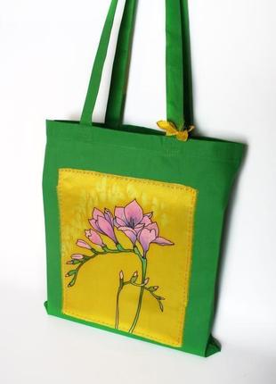 Зелена еко-сумка з фрезією, квітковий шопер з ручним розписом, батік сумка, жовта tote bag3 фото