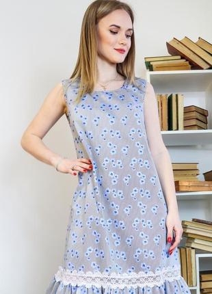 Платье серое с голубыми цветами2 фото