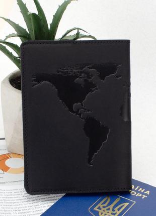 Шкіряна обкладинка на паспорт "карта" (чорна)2 фото