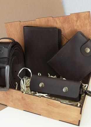 Подарунковий набір чоловічий handycover №41 (коричневий) ремінь, портмоне, обкладинка, ключниця