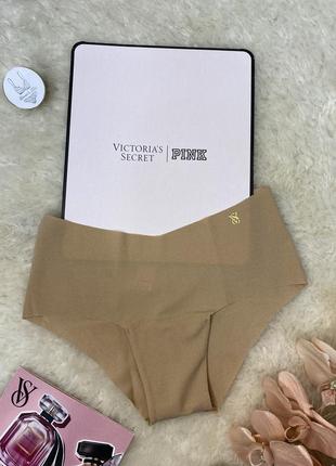 Трусики бесшовные  бежевые с логотипом vs victoria's secret оригинал виктория сикрет