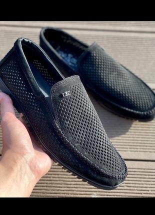 Черные мужские летние мокасины натуральная кожа перфорация, туфли1 фото
