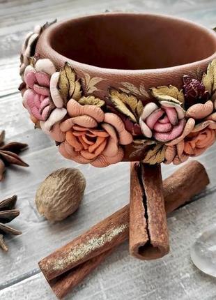 Широкий женский браслет из натуральной кожи терракотового цвета с розами6 фото