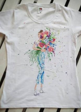 Женская футболка девушка с цветами роспись, размер м