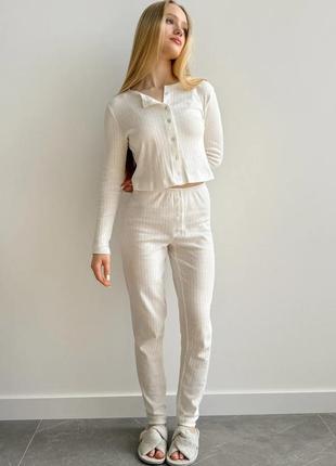 Лонгслів трикотаж ажурний білий twins, жіноча піжама домашній костюм3 фото