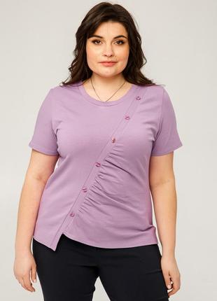 Жіноча футболка літня трикотаж кулір великого розміру 48, 50, 52, 54, 56 р бузкового кольору