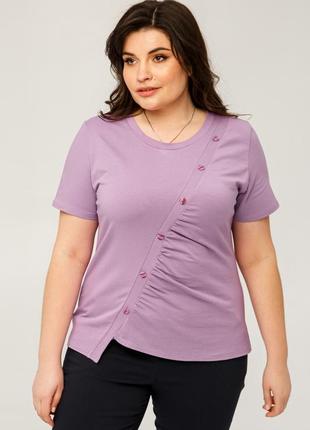 Женская футболка летняя трикотаж кулир большого размера 48, 50, 52, 54, 56 р сиреневого цвета3 фото