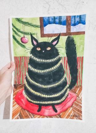 Ілюстрація: "різдвяний чорний кіт"3 фото