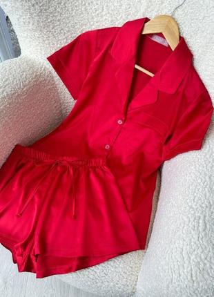 Красная женская шелковая пижама3 фото