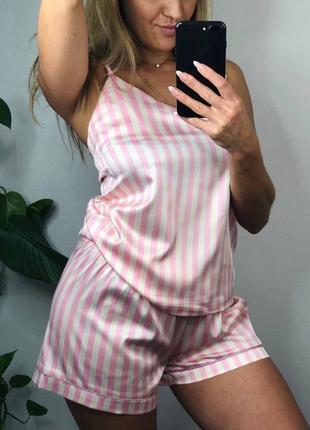 Полосатая женская сатиновая пижама майка и шорты5 фото