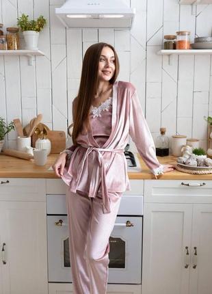 Ніжна жіноча піжама для дому комплект 3ка (халат+майка+штани) з гарним мереживом2 фото