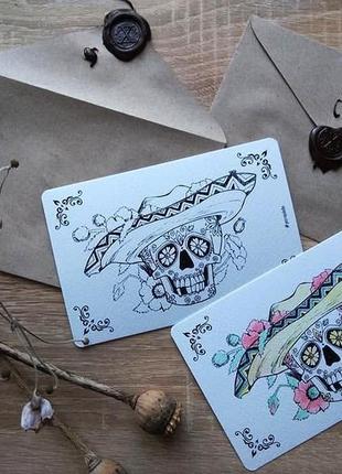 Набор открыток-раскрасок día de los muertos/ хэллоуин листівки розмальовки8 фото