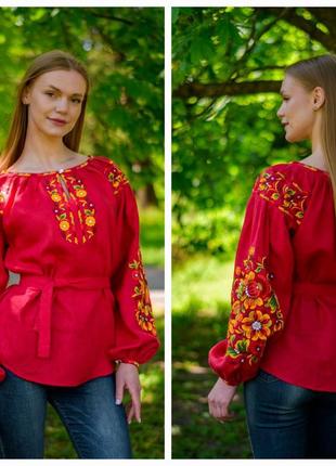 Дизайнерська жіноча вишиванка з натурального 100% льону насиченого червоного кольору.