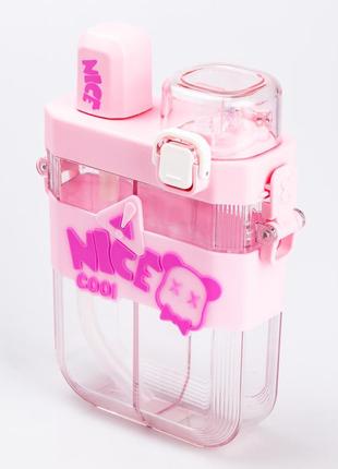 Пляшка для води з трубочкою багаторазова пластикова з ремінцем рожева пляшечка для води3 фото