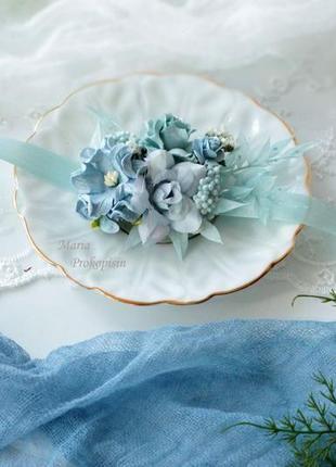 Набор украшений;венок и бутоньерка в голубом цвете из сухоцветов.9 фото