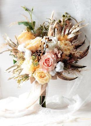 Букет нареченої з штучними квітами преміум класу в стилі бохо.4 фото
