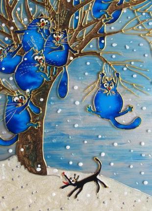 Вітражна картина спасение1. сині коти ріни зенюк. за мотивами малюнки художниці ірини зенюк (ріна)4 фото