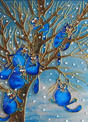 Витражная картина спасение1. синие коты рины зенюк. по мотивам рисунка художницы ирины зенюк (рина)1 фото