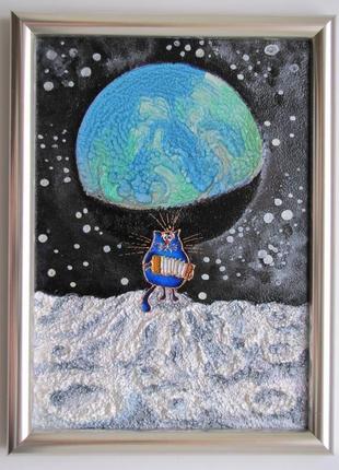 Картина кот на луне. синие коты рины зенюк. витражная картина.