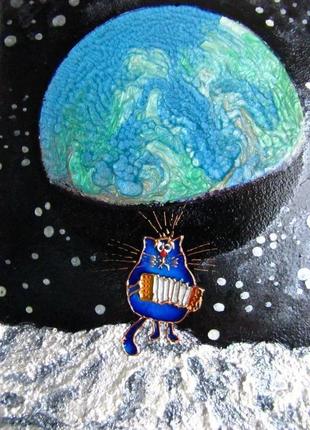 Картина кіт на місяці. сині коти ріни зенюк. вітражна картина.3 фото