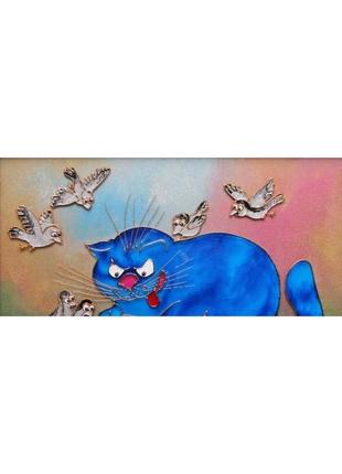 Картина кот игроман. синие коты рины зенюк. витражная картина5 фото