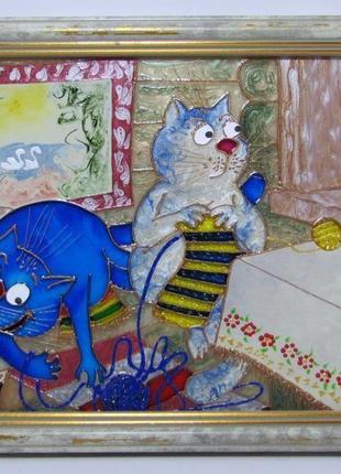 Картина за вікном зима. кіт і кішка. сині коти ріни зенюк. вітражна картина
