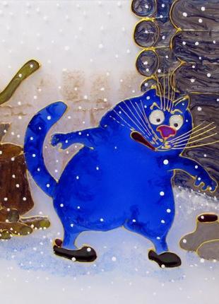 Картина а чоловік не пішов за пивом! кіт і кішка. сині коти ріни зенюк. вітражна картина3 фото