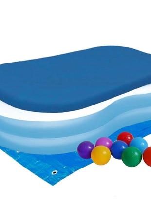 Дитячий надувний басейн bestway 54117-3, блакитний, 262 х 157 х 46 см, з кульками 10 шт, тентом, підстилкою,