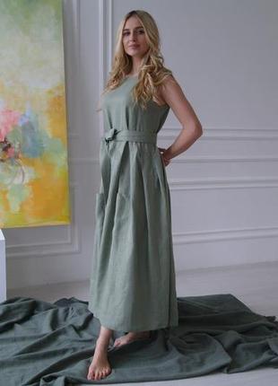Платье из натурального льна цвета "полынь"2 фото