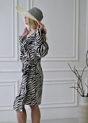 Коктейльное платье из льна с принтом zebra, limited edition8 фото