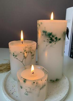 Набір свічок з гіпсофілою на підставці3 фото