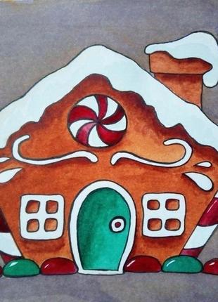 Картина акварель "пряничный домик"