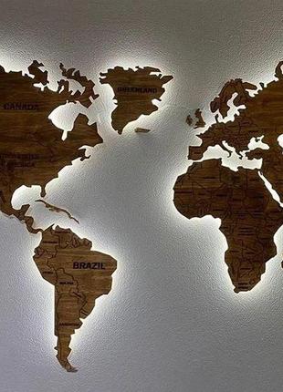 Карта мира деревянная с подсветкой
