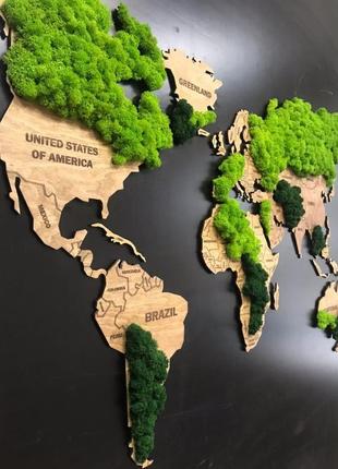 Деревянная карта мира со мхом2 фото
