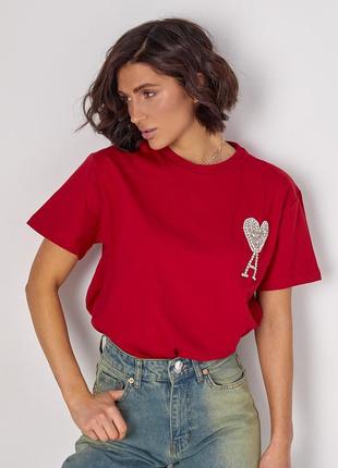 Трикотажная футболка ami украшена бисером и стразами, футболка ами футболка с сердечком2 фото