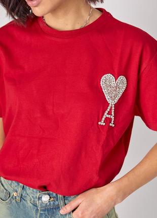 Трикотажная футболка ami украшена бисером и стразами, футболка ами футболка с сердечком8 фото