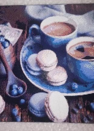 Картина "ароматна кава з десертом" виконана в стилі алмазної выкладки1 фото