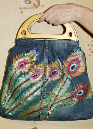 Джинсовая сумка с росписью и вышивкой
