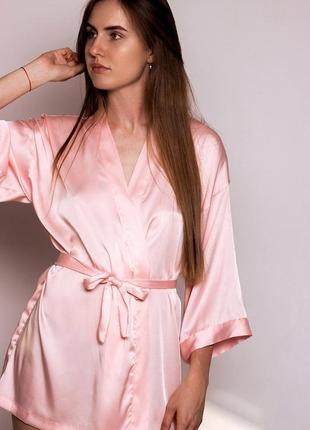 Розовый шелковый халат, женский халат из шелка1 фото